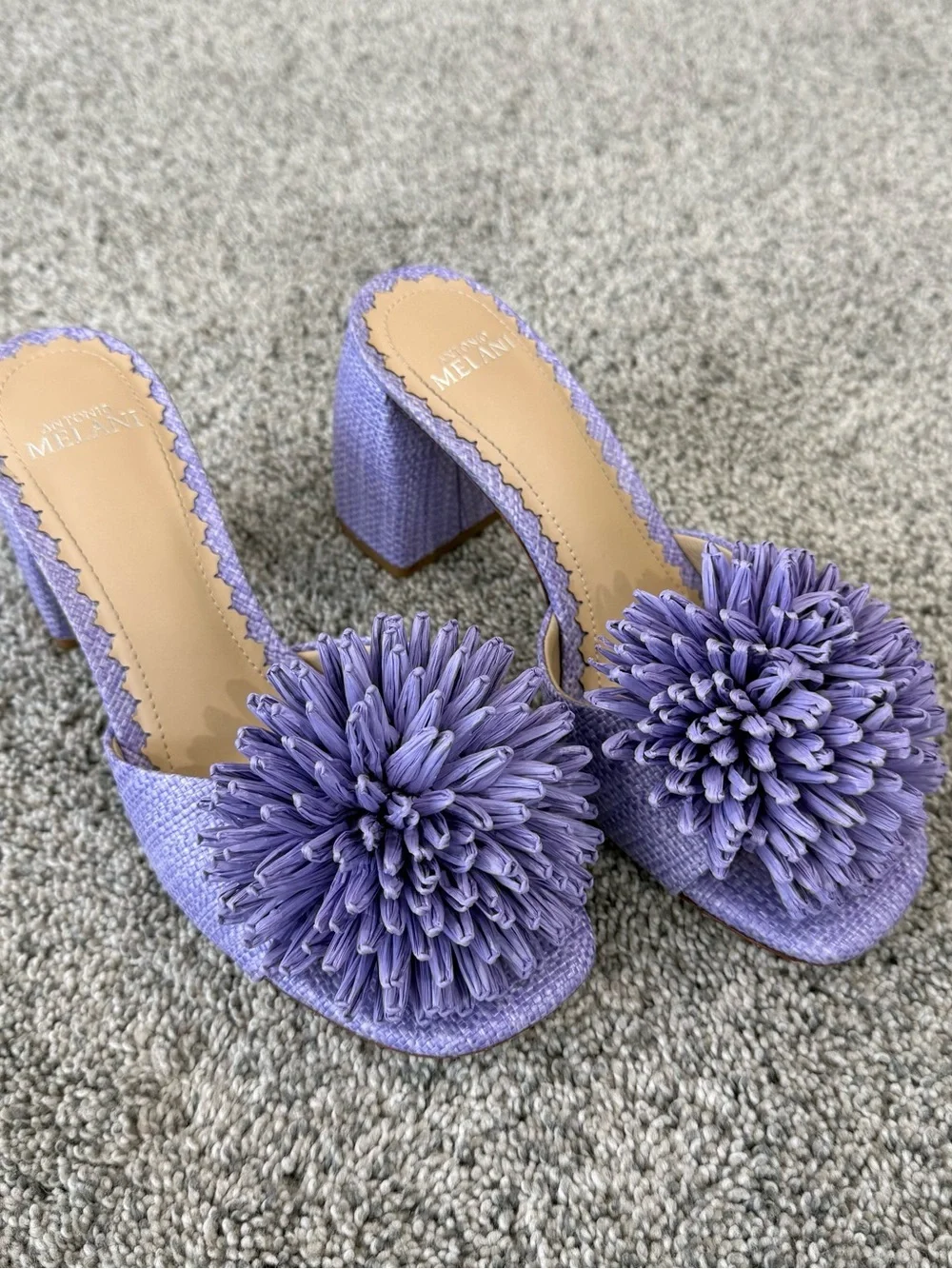 Antonio Melani Purple Raffia Pom Pom Mule Block Heel Slip On Women’s US 7 M
